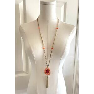 Boho Chic Long Gold Tone Necklace with Orange Beaded Pendant